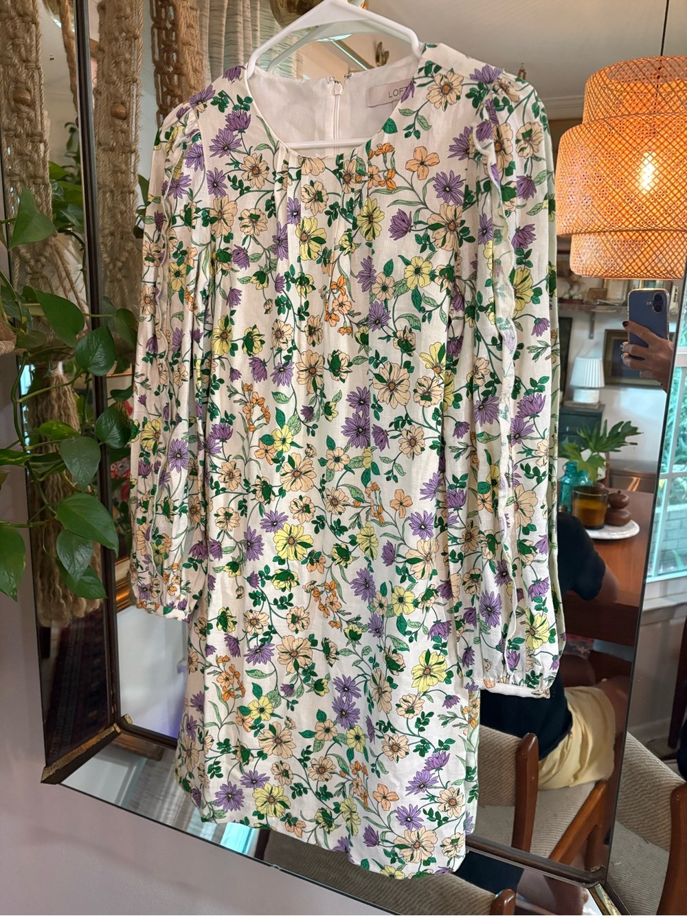LOFT White Floral Long Sleeve Shift Dress with Purple & Yellow Flowers